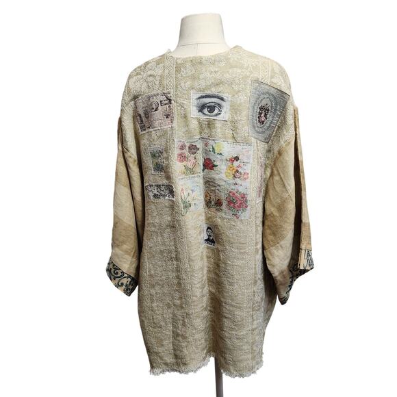 One-of-a-Kind Upcycled Linen Kimono – Handcrafted with Vintage Appliqué - Picture 2 of 13
